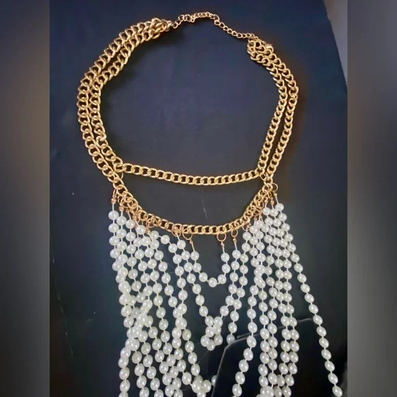 White Faux Pearl w/Gold Tone Statement Bib or Draped Multi-Strand necklace. - Picture 6 of 9